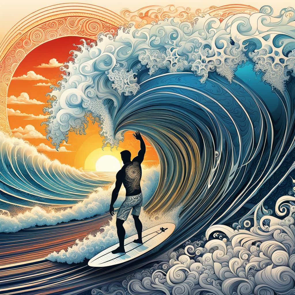 Hawaiian Surfer at Sunset with Polynesian Tattoos