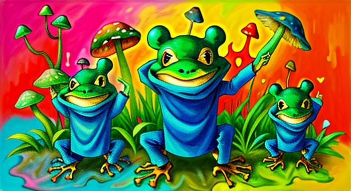 Psychedelic Landscape with Frogs and Mushrooms in Impasto St...