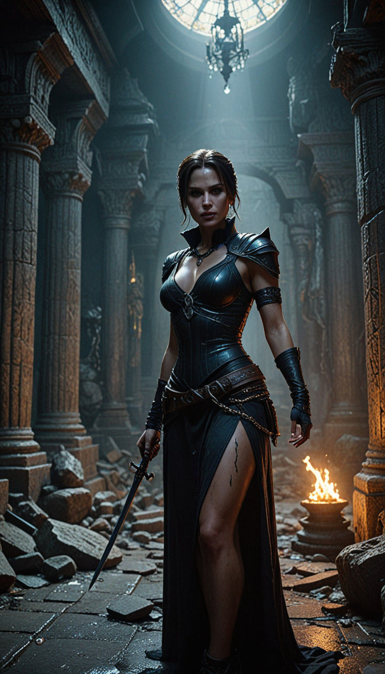 Villainous Lara Croft in Dark Temple, Hyperrealistic Splash...