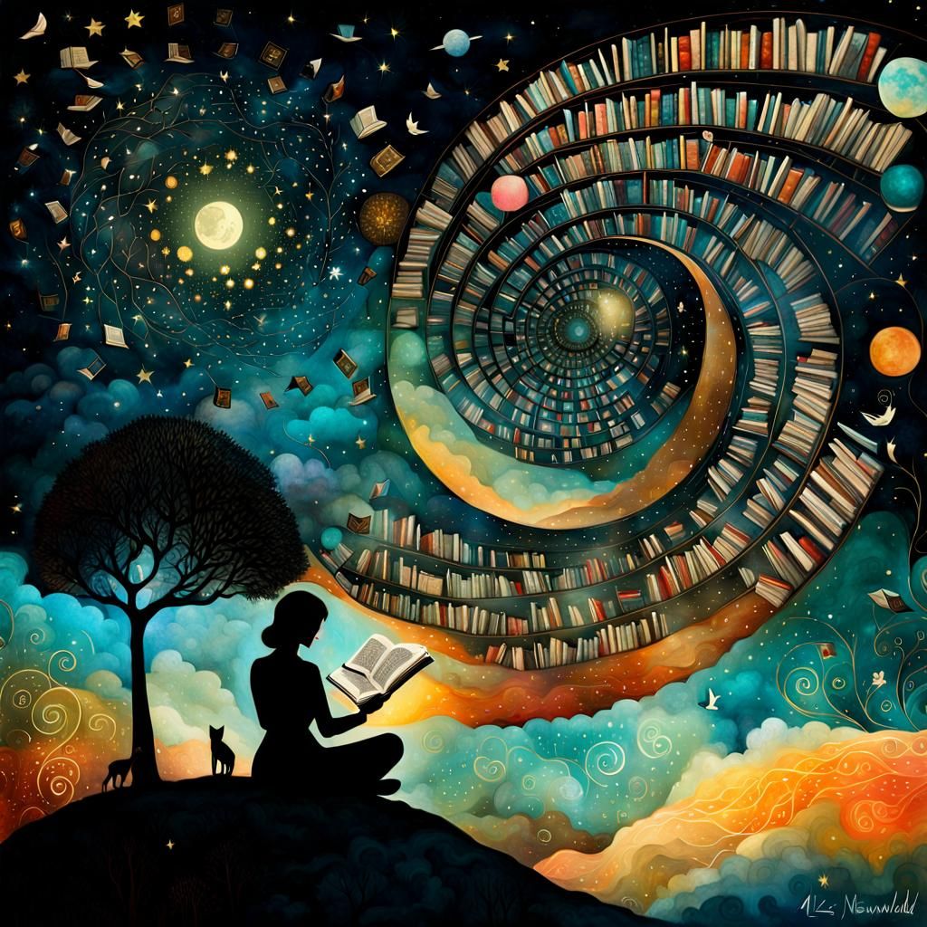 Whimsical Reading-Themed Collage with Nebula Sky