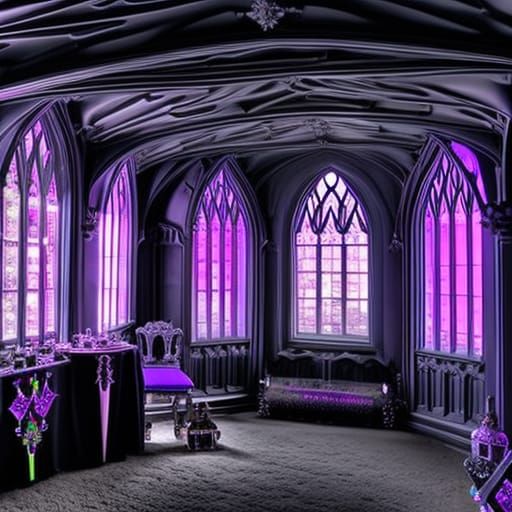 Gothic she shed painted black with purple trimming& decorated with purple Christmas lights& Beautiful Gothic windows& go...