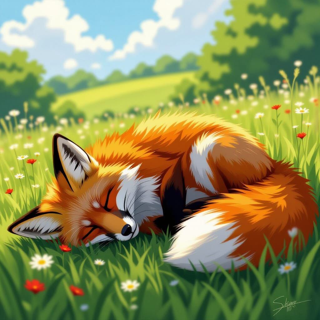 Fox Asleep in Countryside: Anime-Inspired Splash Art
