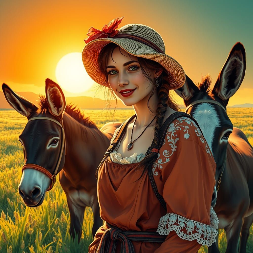 Gothic Farmer with Donkeys in Sunlit Field