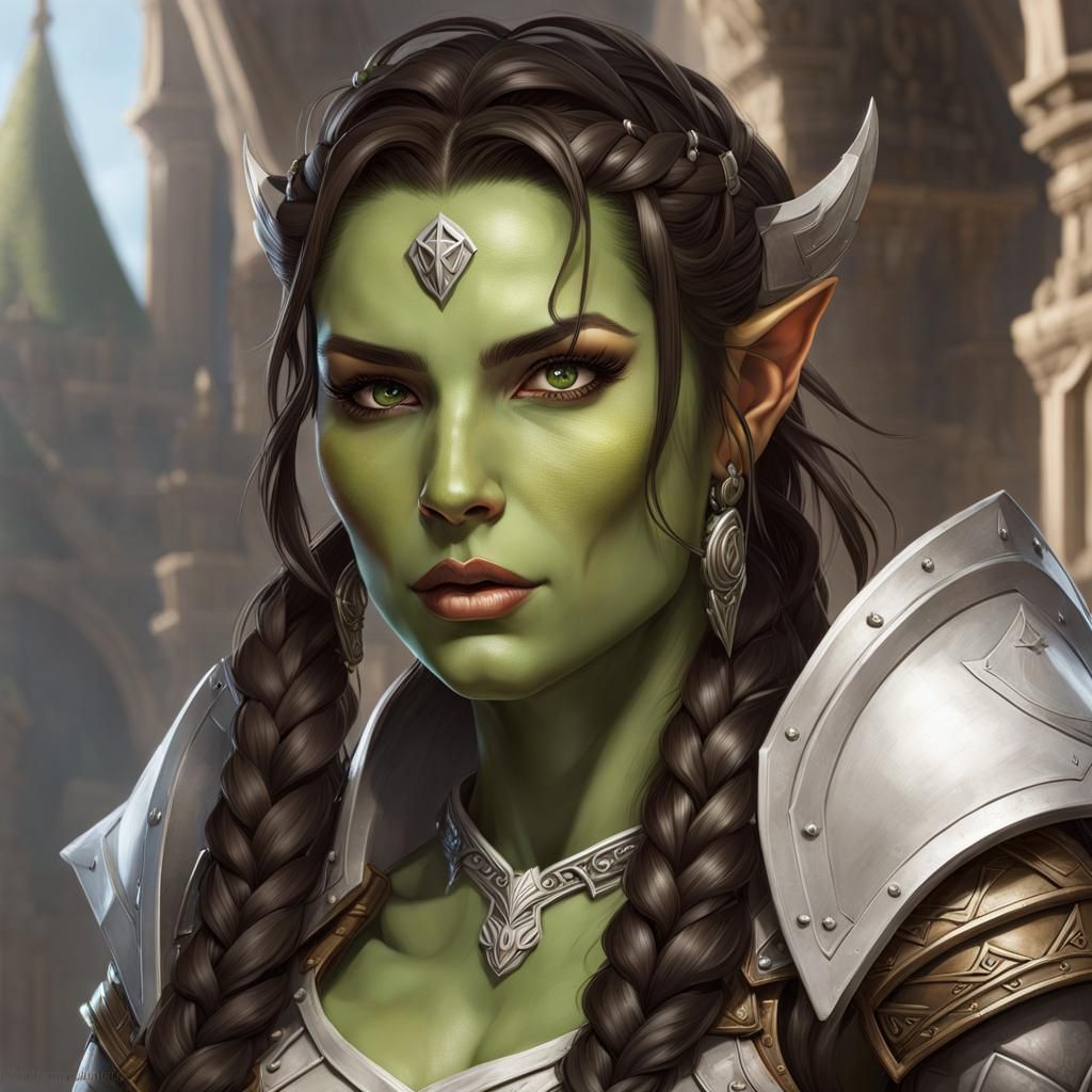 Half-Orc Woman in Armor, Renaissance City, Hyperdetailed
