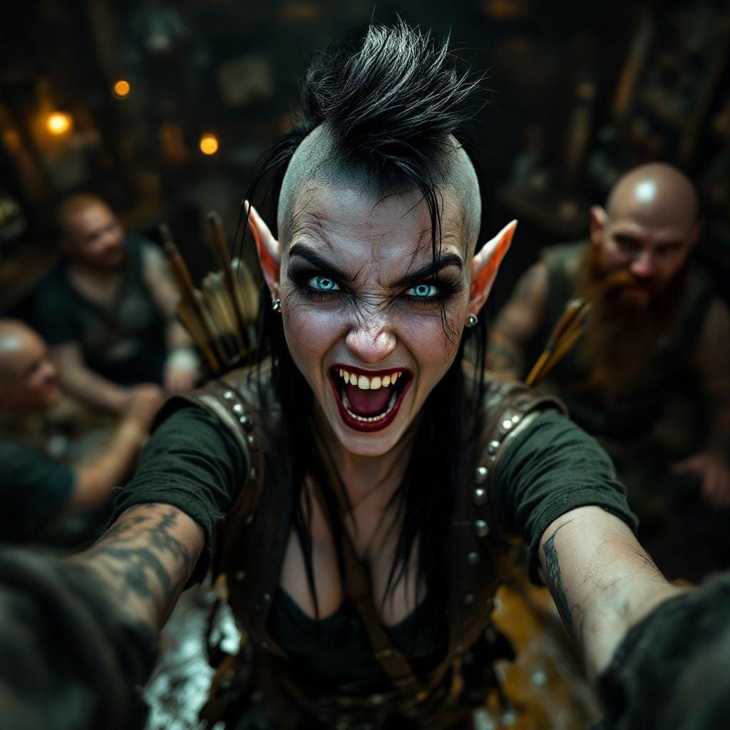 Punk Elf Cheers in Dimly Lit Tavern
