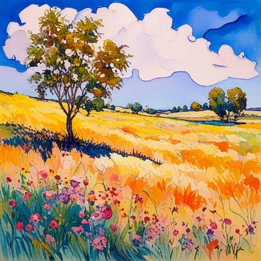 Harmonious Prairie and Apple Tree in Watercolor Style