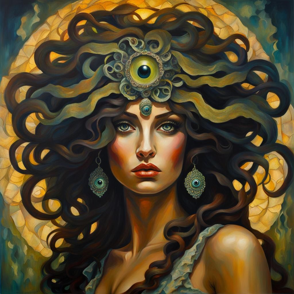 Medusa in Bohemian Art Style with Glowing Eyes