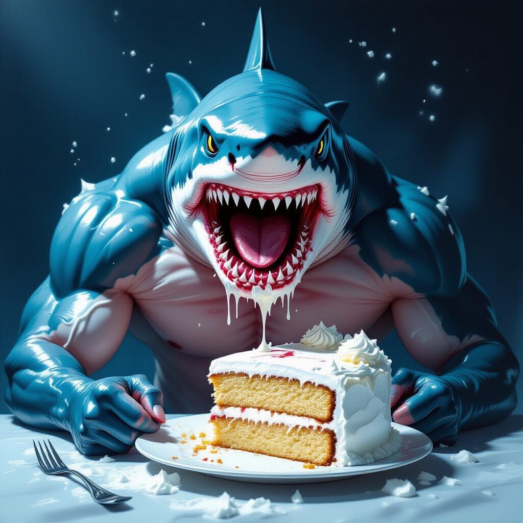 Shark-Headed Man Covered in Icing Eats Cake