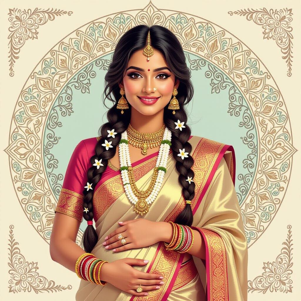 Elegant Indian Woman Portrait with Floral Mandala