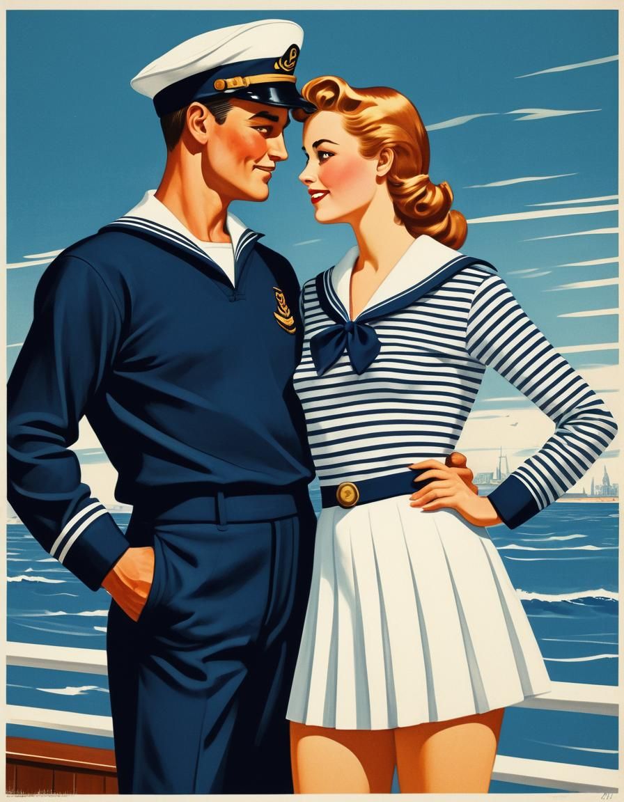 Retro Sailor Couple Illustration in Vintage Style