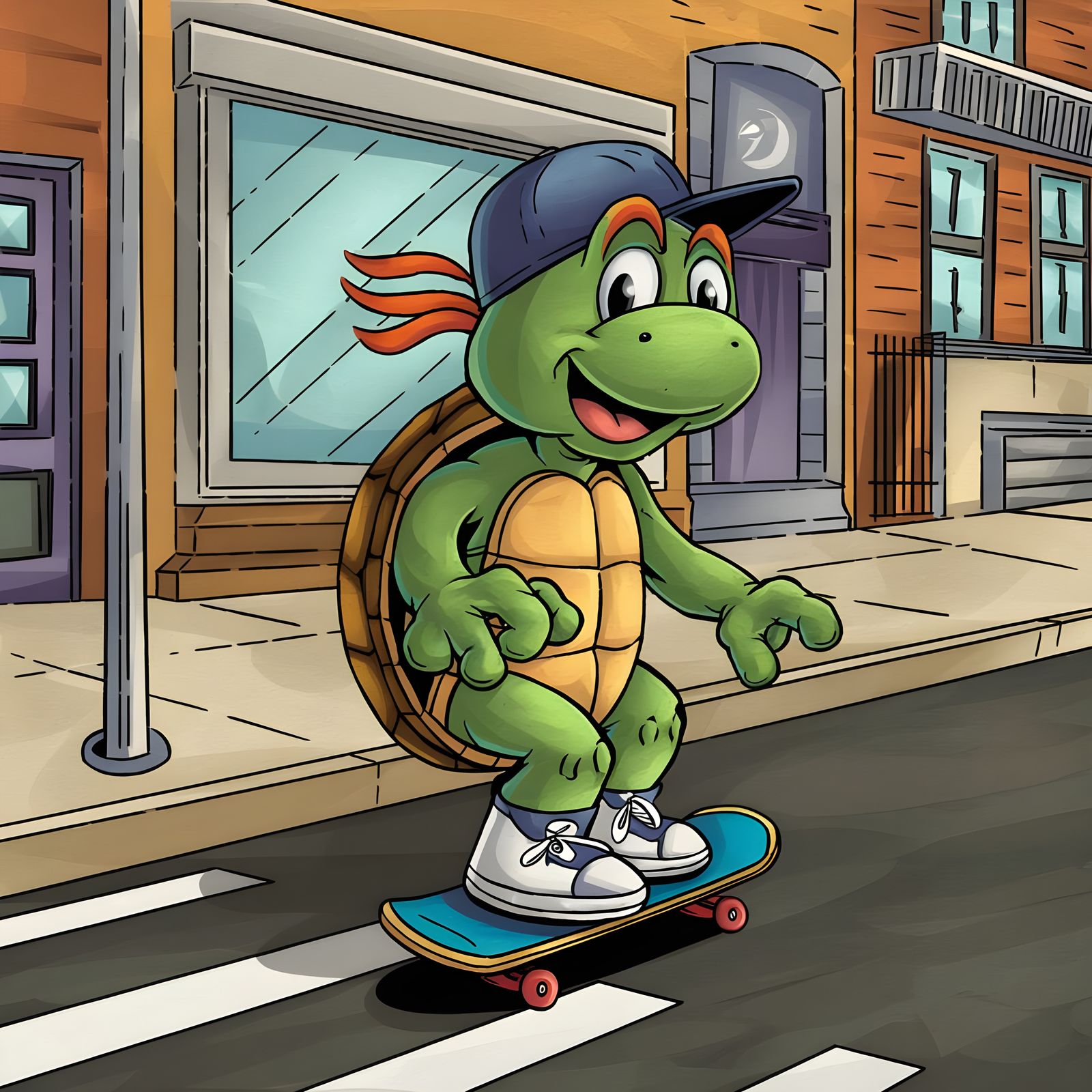 Cartoon Turtle on Skateboard in Abstract Art Style