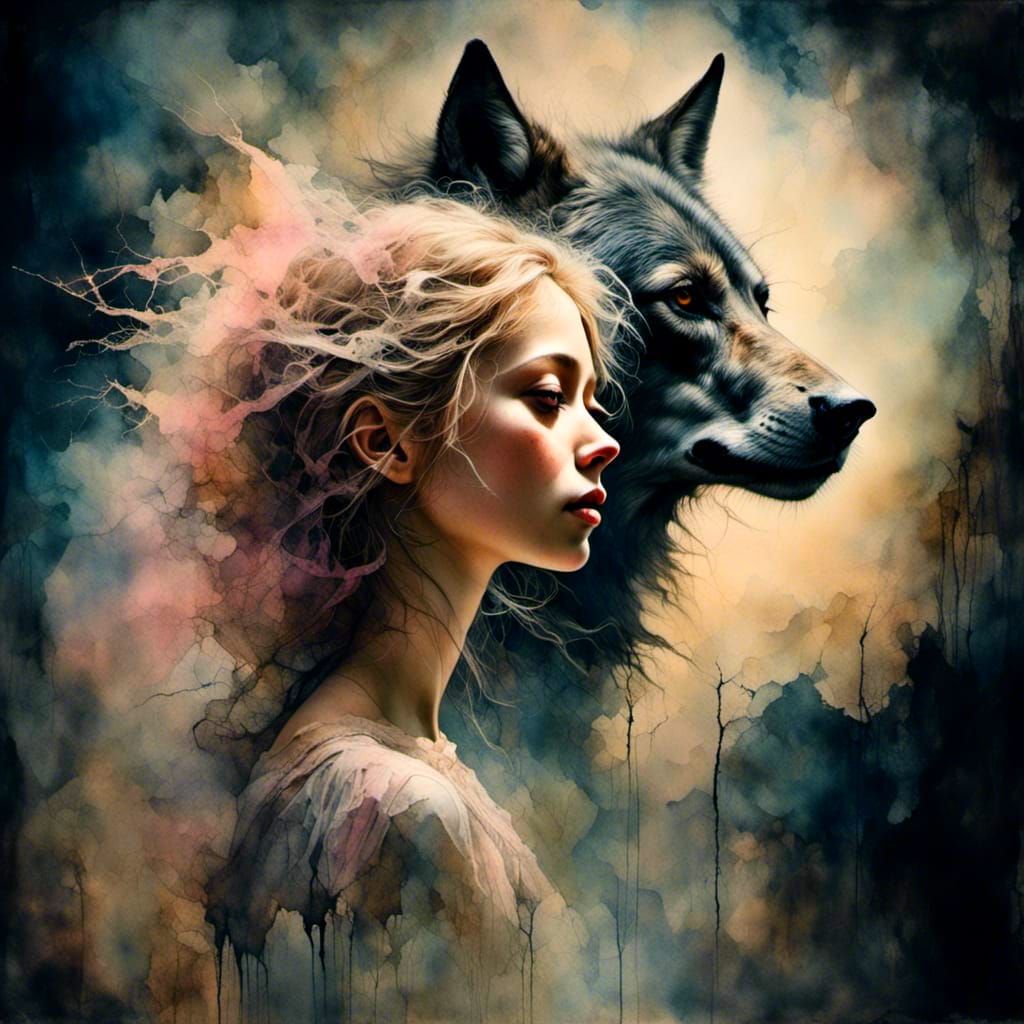 Double Exposure: Girl and Werewolf at Moonrise