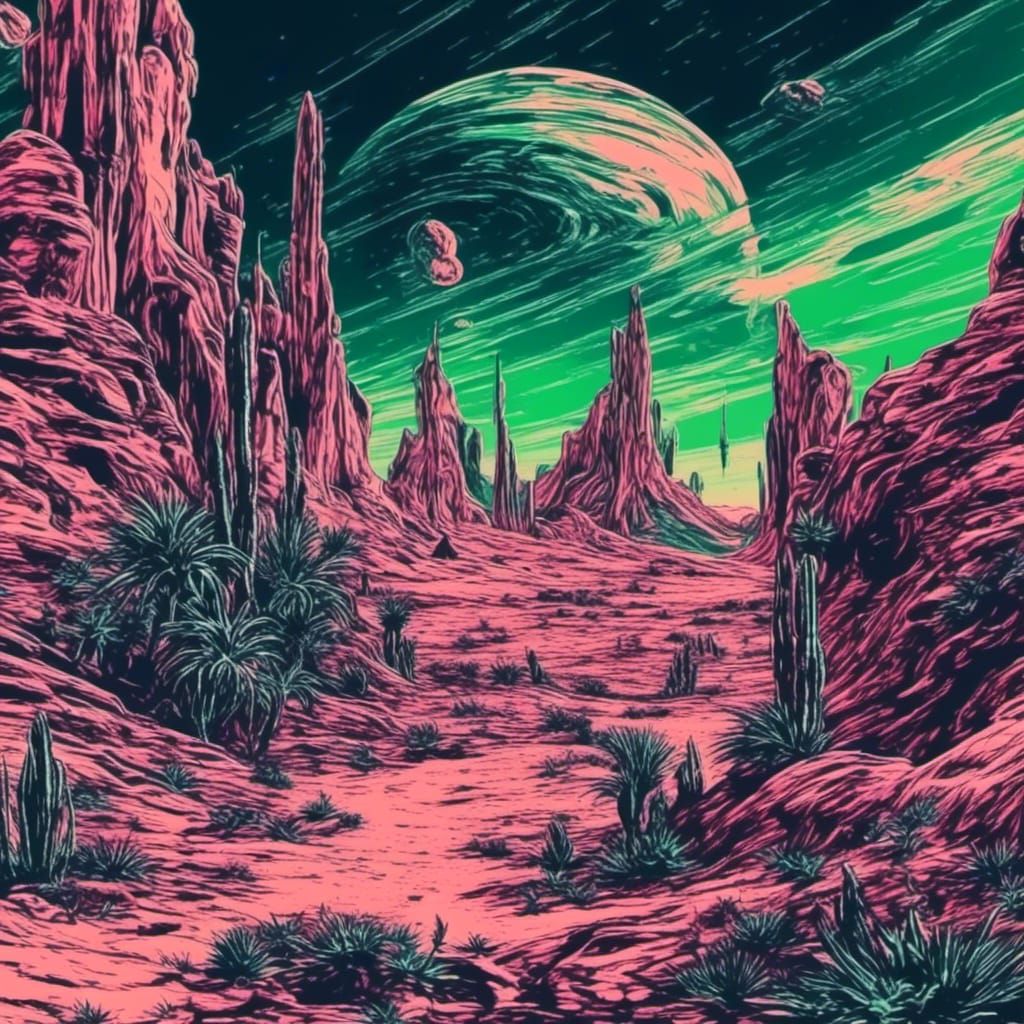 Glitched Vaporwave Desert Oasis in Sci-Fi VHS Style