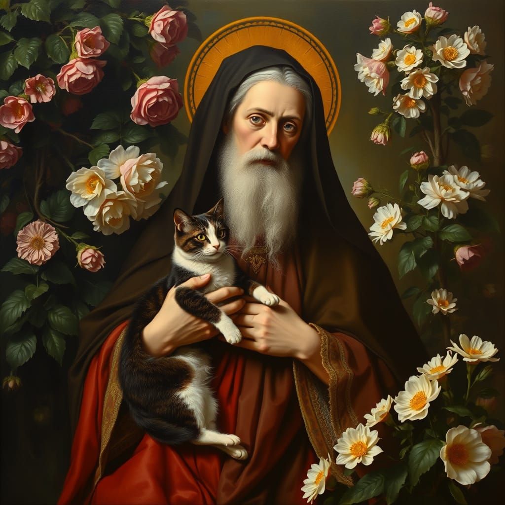 St. Gertrude, Patron Saint of Cats, in Lush Garden