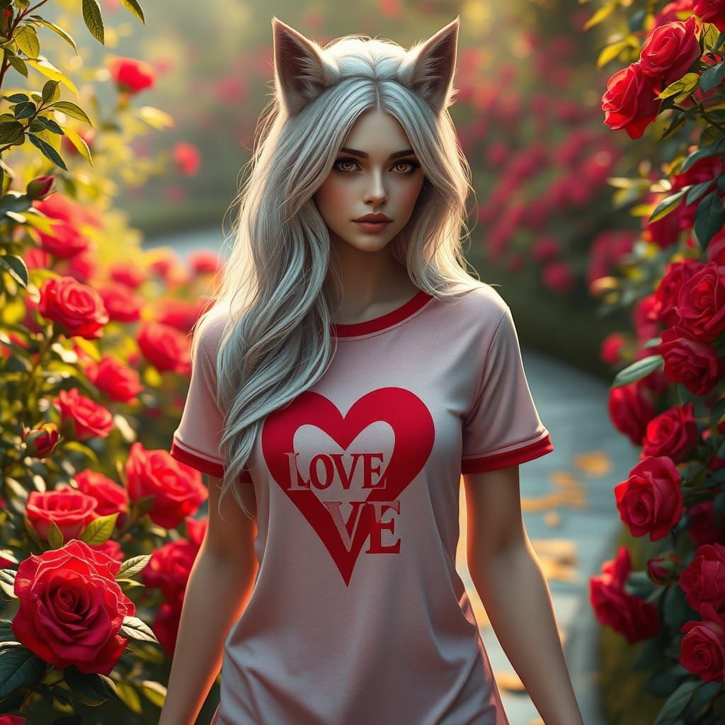 Ethereal Woman in Lush Garden with Wolf Ears and Vibrant T-S...