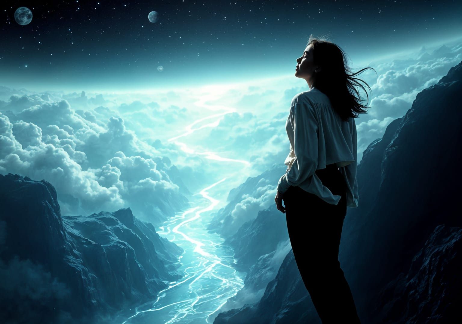 Woman Floating Above River of Souls in Space