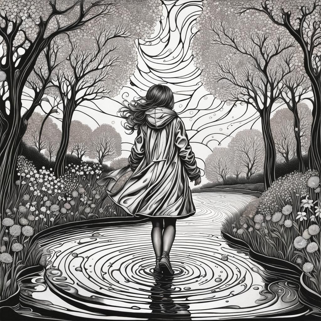 Magical Girl Puddle Jumping in Hyperdetailed Swirls