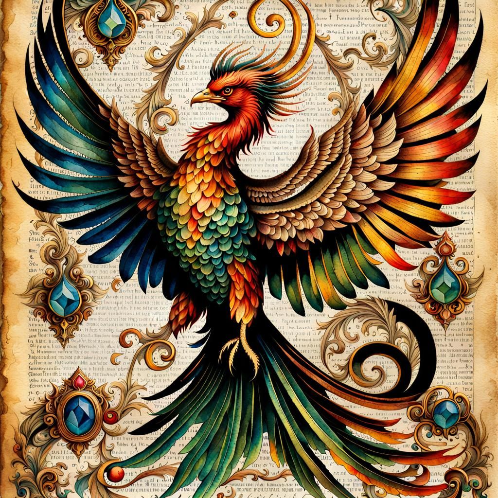Iridescent Phoenix Bird Watercolor Illustration