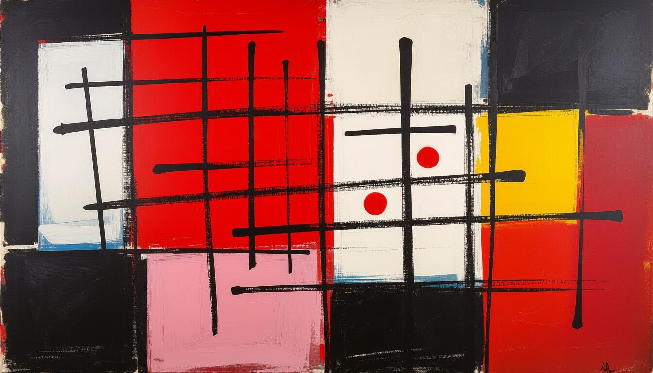 Abstract Expressionist Painting with Scribbles and Bold Mark...