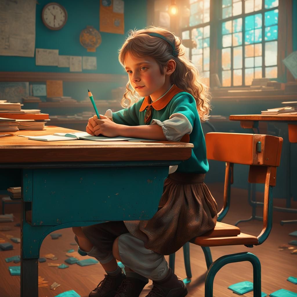 Girl at School Desk, 1980s Concept Art