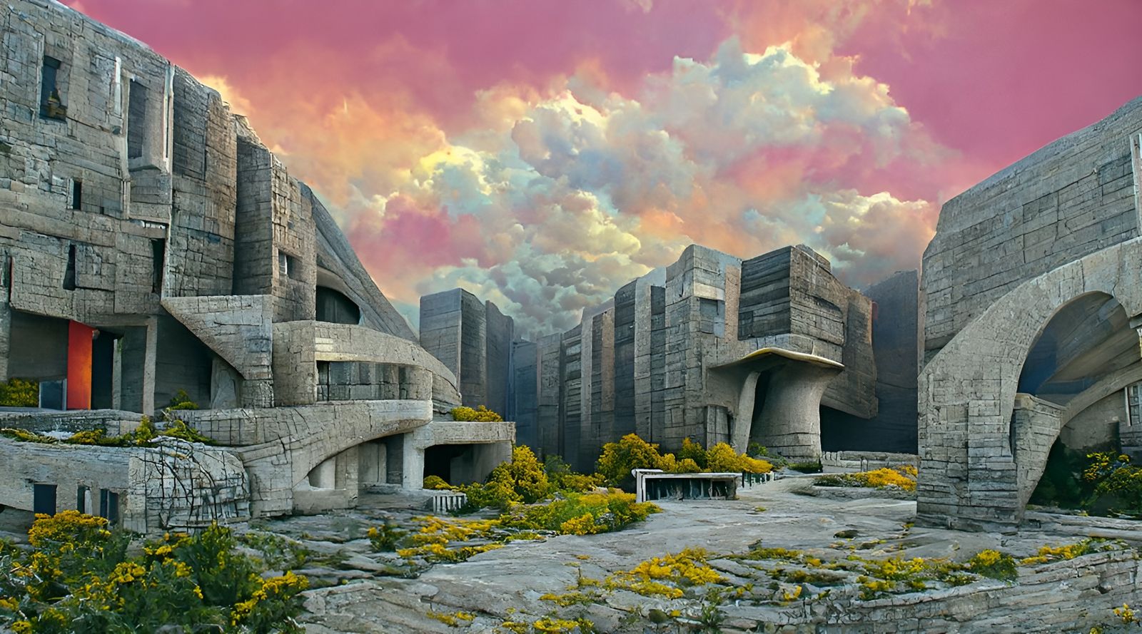 Psychedelic Brutalist Architecture in a Fantasy World