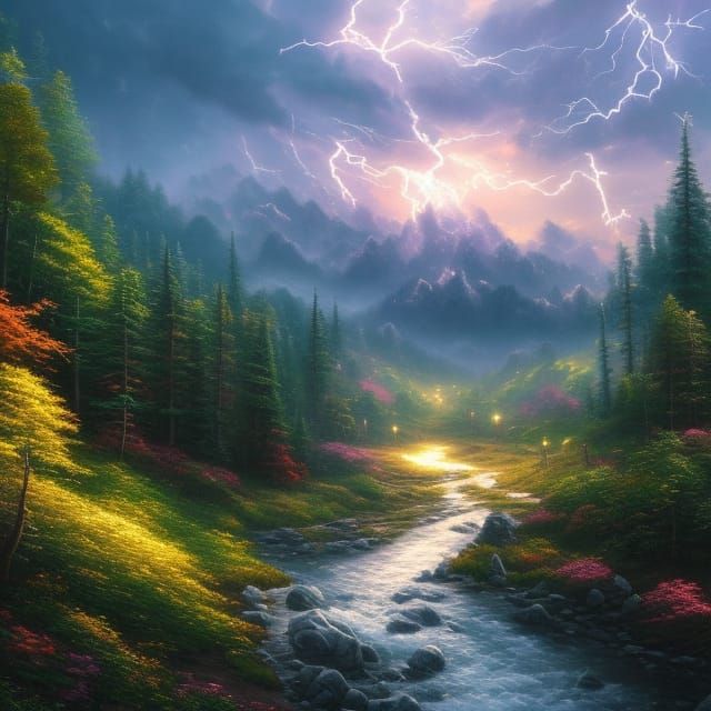 Magical Forest Landscape with Volumetric Lighting