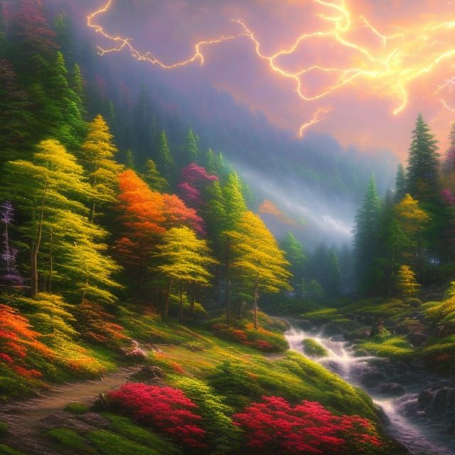 Magical Forest Landscape with Volumetric Lighting