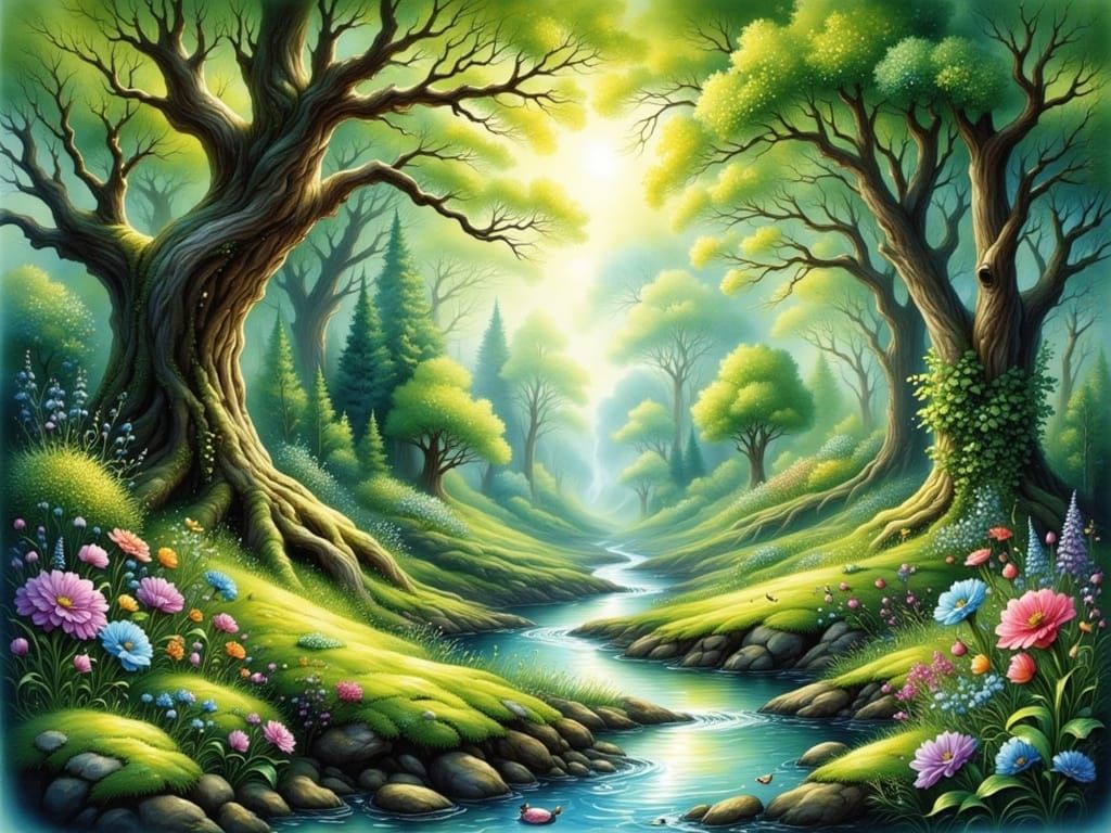 Ethereal Forest Stream in Watercolor Style