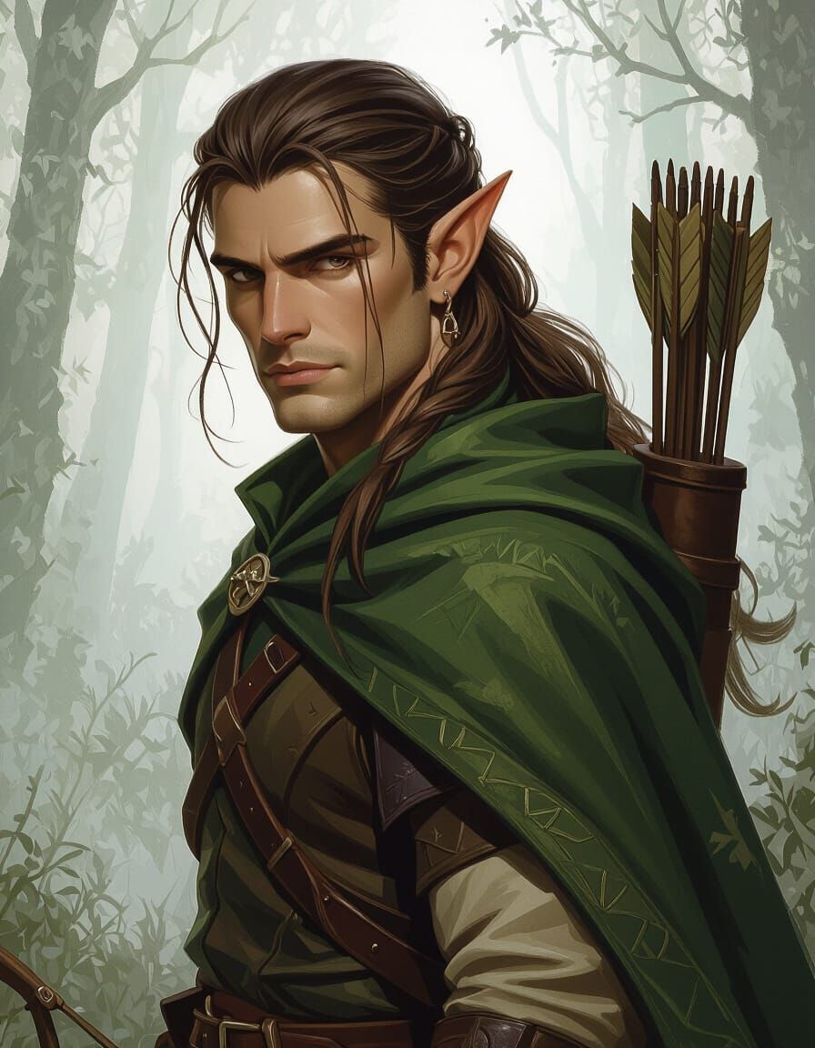 Half-Elf Ranger in Misty Forest, Realistic Fantasy Art