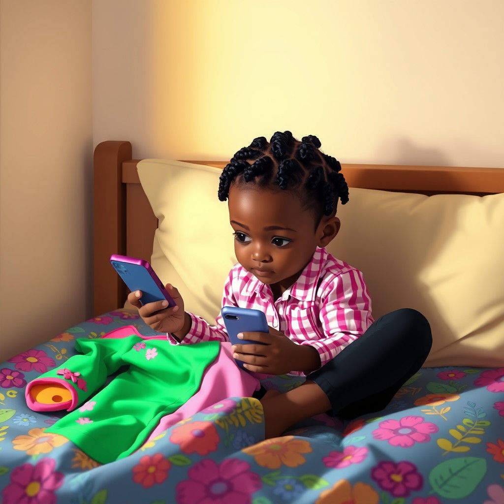 Girl with Braids Focused on Phone, Whimsical Illustration