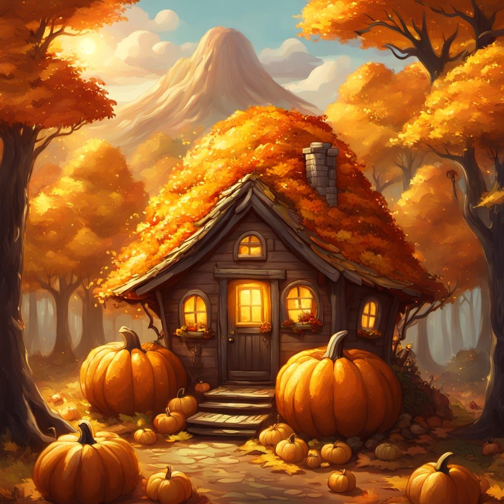 Cozy Autumn Hut Inside Golden Pumpkin, Studio Ghibli Inspire...