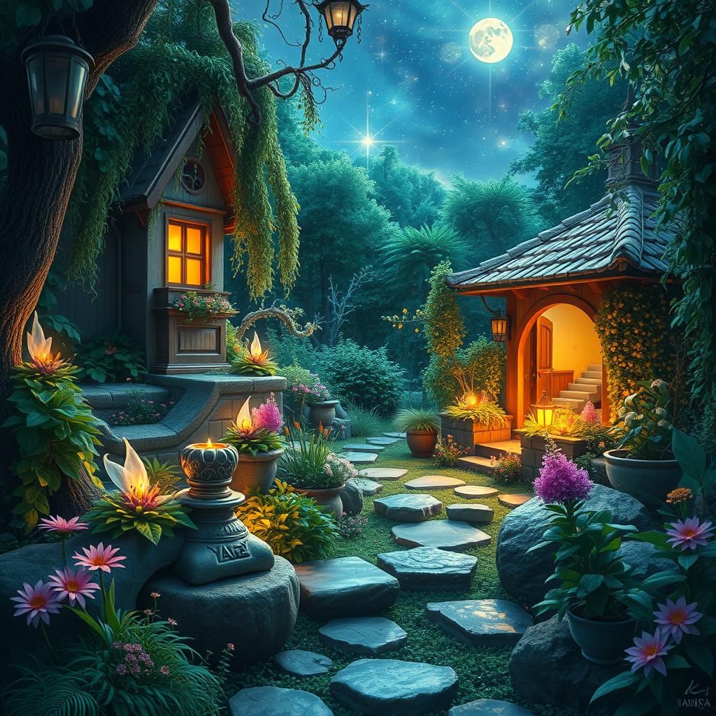 Elves Transform Garden into Paradise: Cosmic Illustration