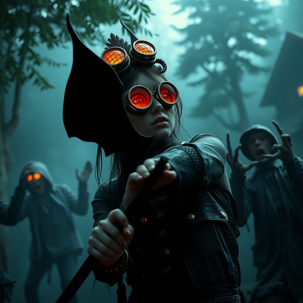 Cyberpunk Gothic Woman in Zombie Village