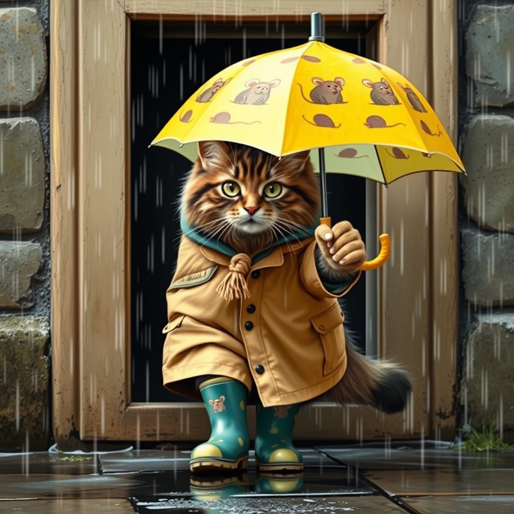 Cat in Rain Gear on Daily Rounds