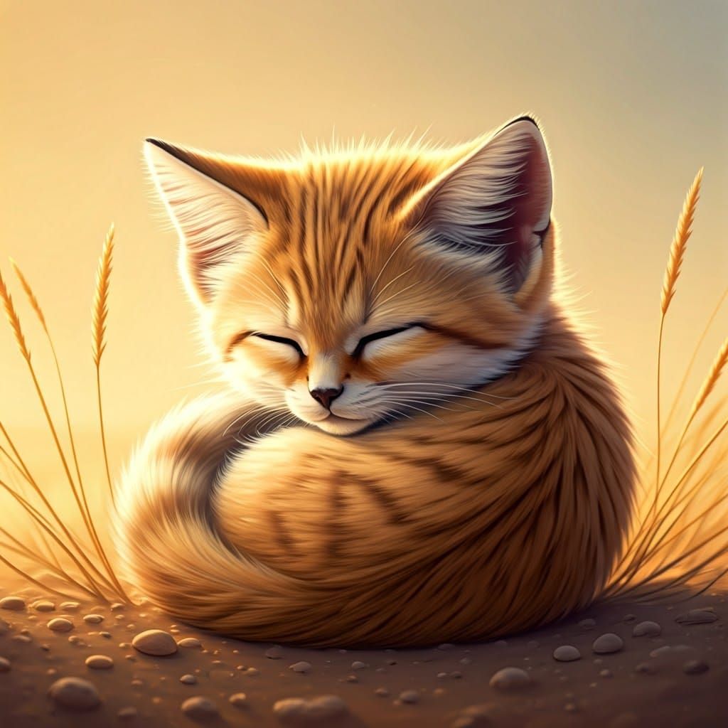 Dreamlike Sand Cat Sleeping in Desert Oasis