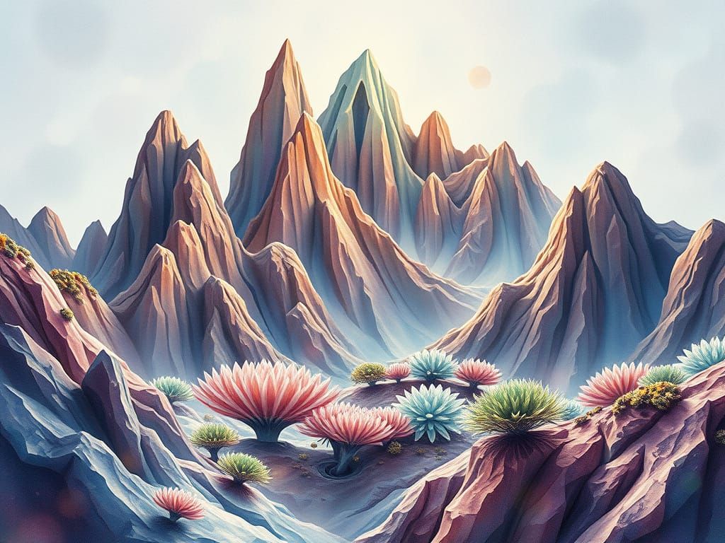 Vibrant Watercolor Landscape of Alien Crystal Mountains
