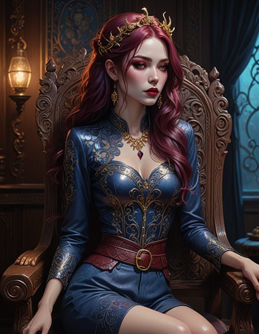 Sensual Demon Woman in Whimsical Bedroom Scene