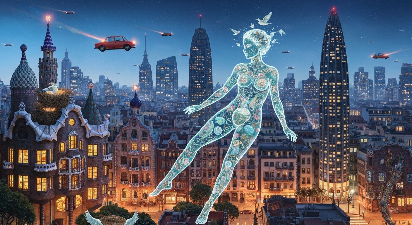 Gaudí Cityscape with Bioluminescent Figure in Surreal Art