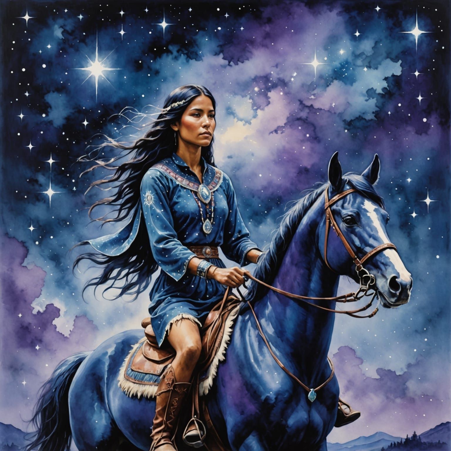 Native American Girl on Horseback in Celestial Realm