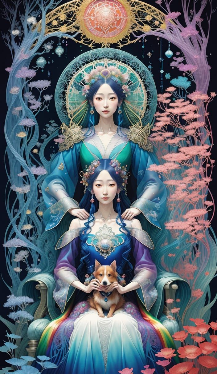 Woman and Dog in Surreal Rainbow Setting