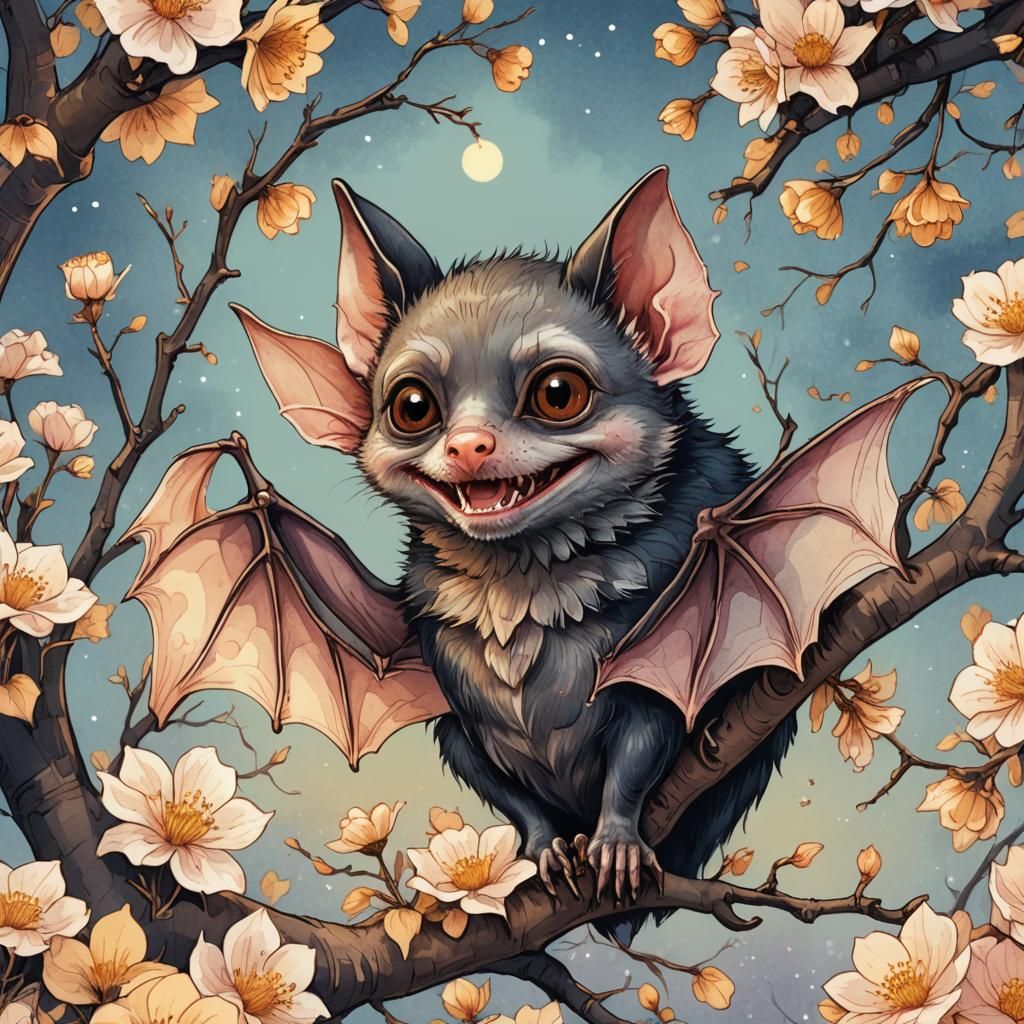 Playful Vampire Bat in Watercolor and Ink Style