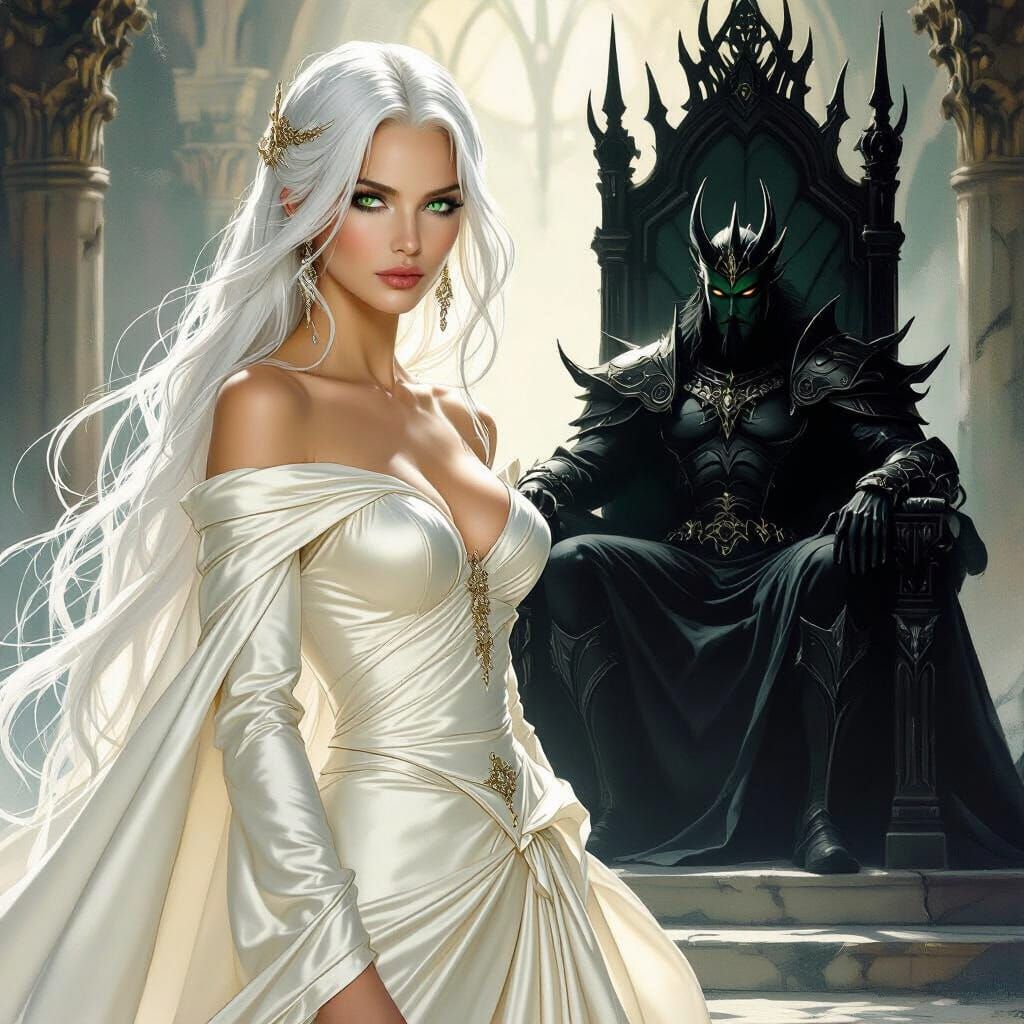 White Haired Woman in Ivory Gown Beside Demon King