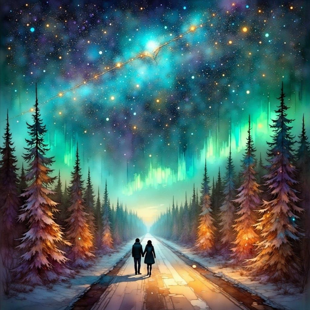 Romantic Winter Scene in Vibrant Digital Art