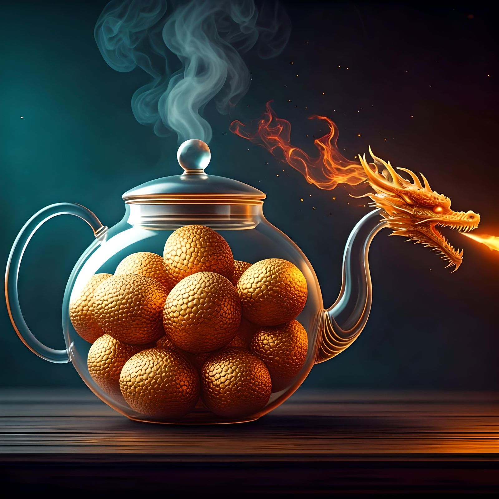 Golden Dragon Eggs in Translucent Teapot