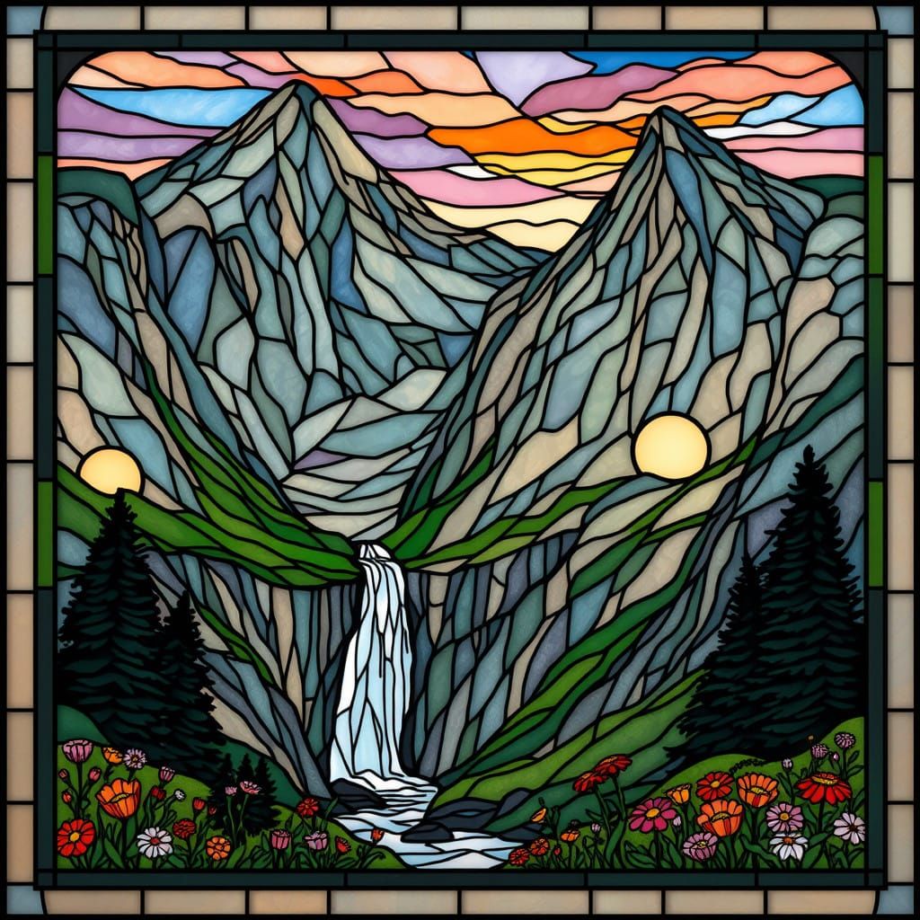Surreal Stained Glass Masterpiece of Mountain Landscape at S...