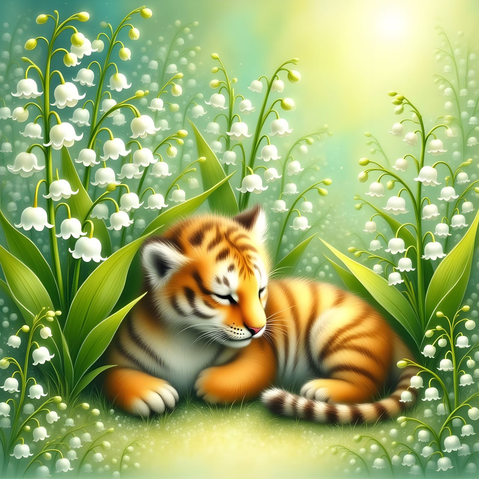 Adorable Tiger Napping Among Lily of the Valley Flowers