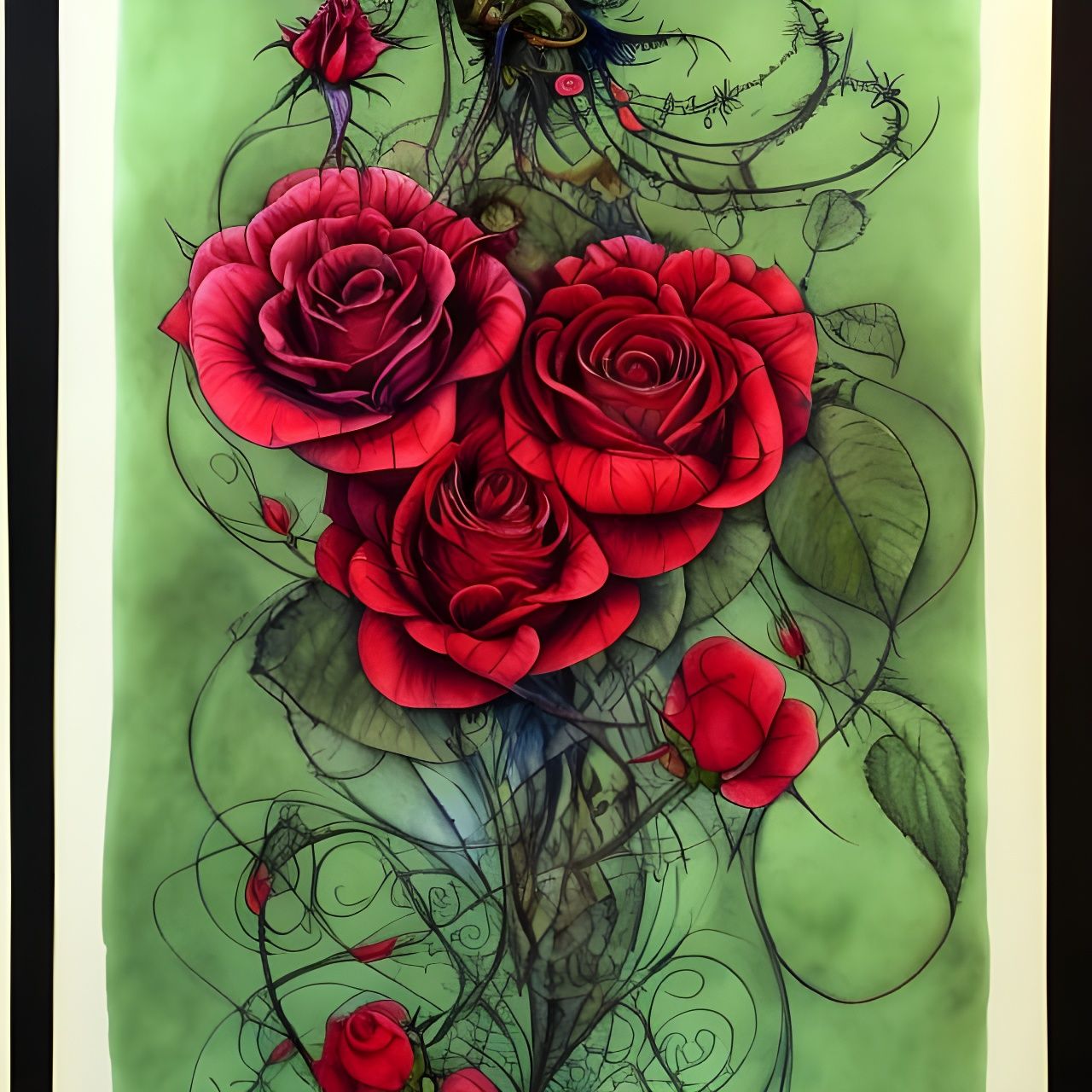 Surreal Rose Ink Drawing in Blanche and Escher Style