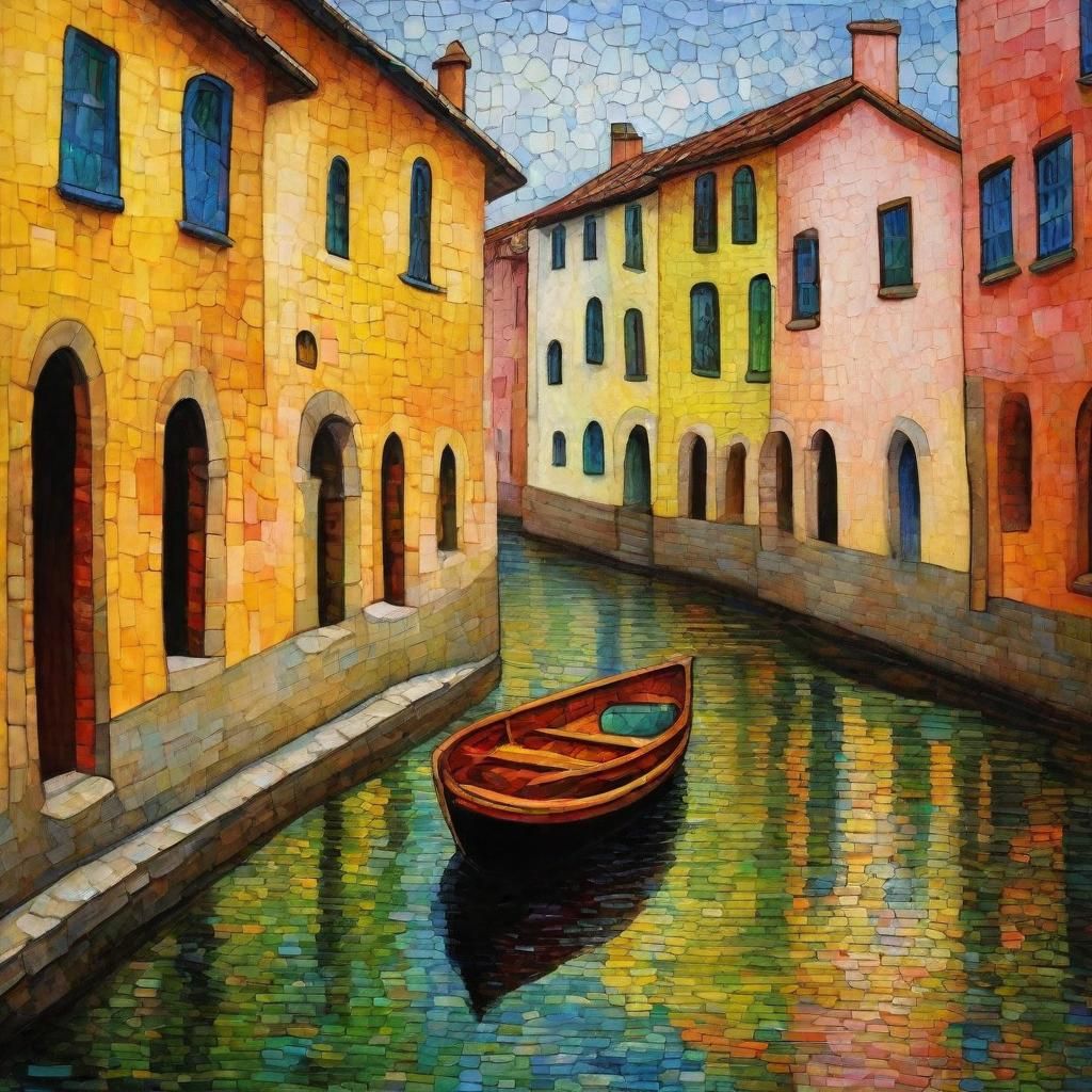 Medieval Riverside Street in Spring: Neo-Impressionist Oil P...