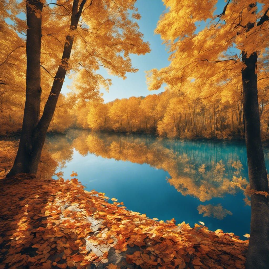 Autumn Forest with Golden Leaves and Blue Water