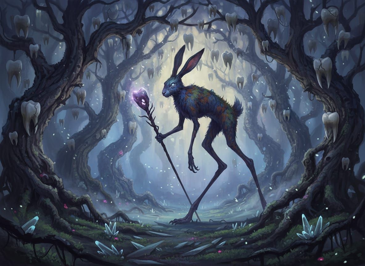 Eerie Rabbit Rules Grove of Molar Fruit in Dark Fantasy Art